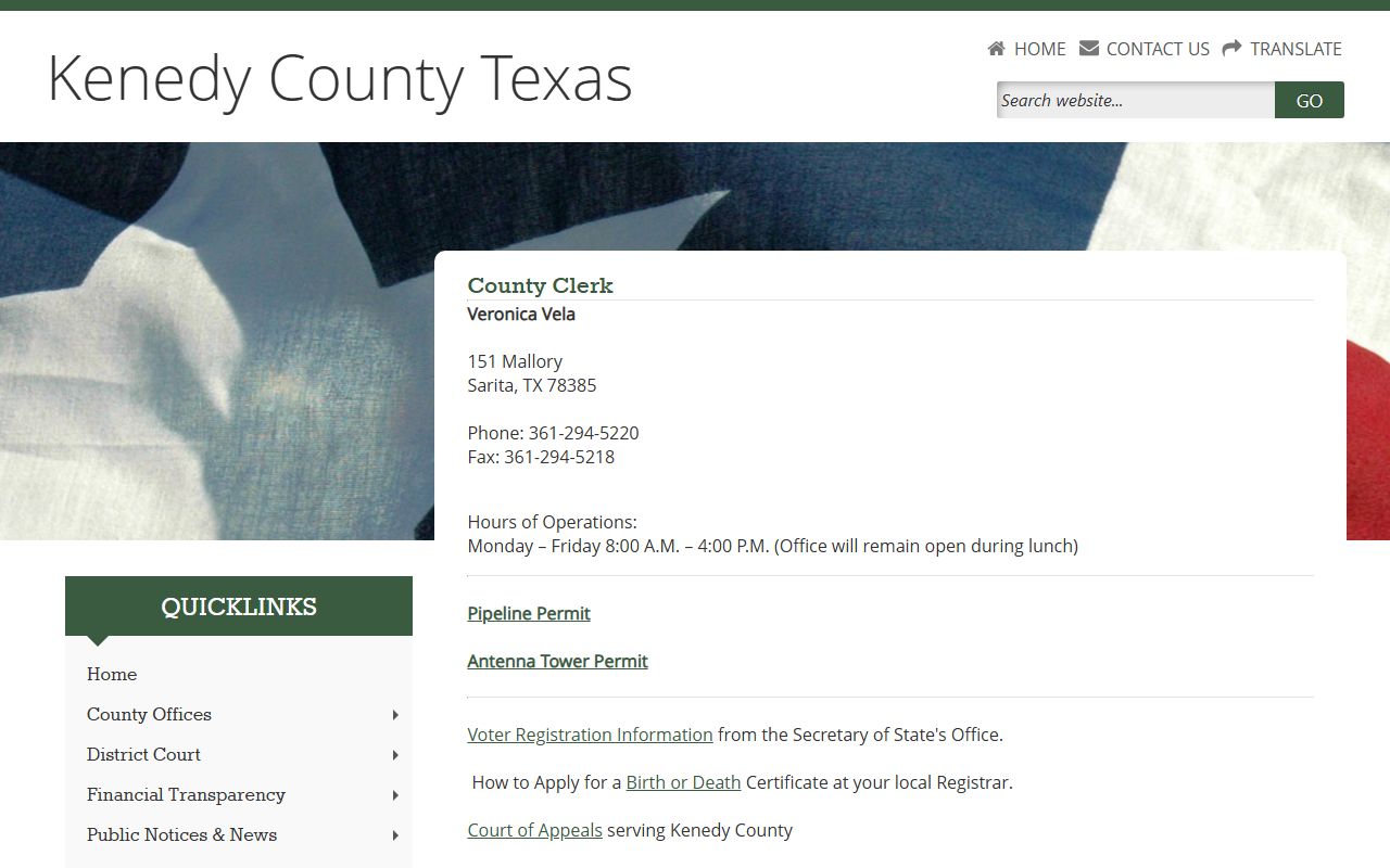 Kenedy County Clerk office page for criminal records