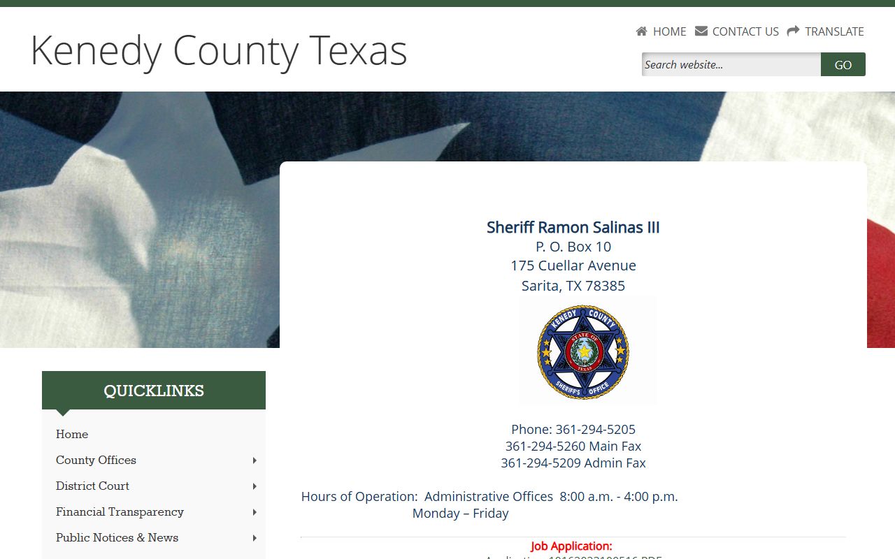 Kenedy County Sheriff's Office information page