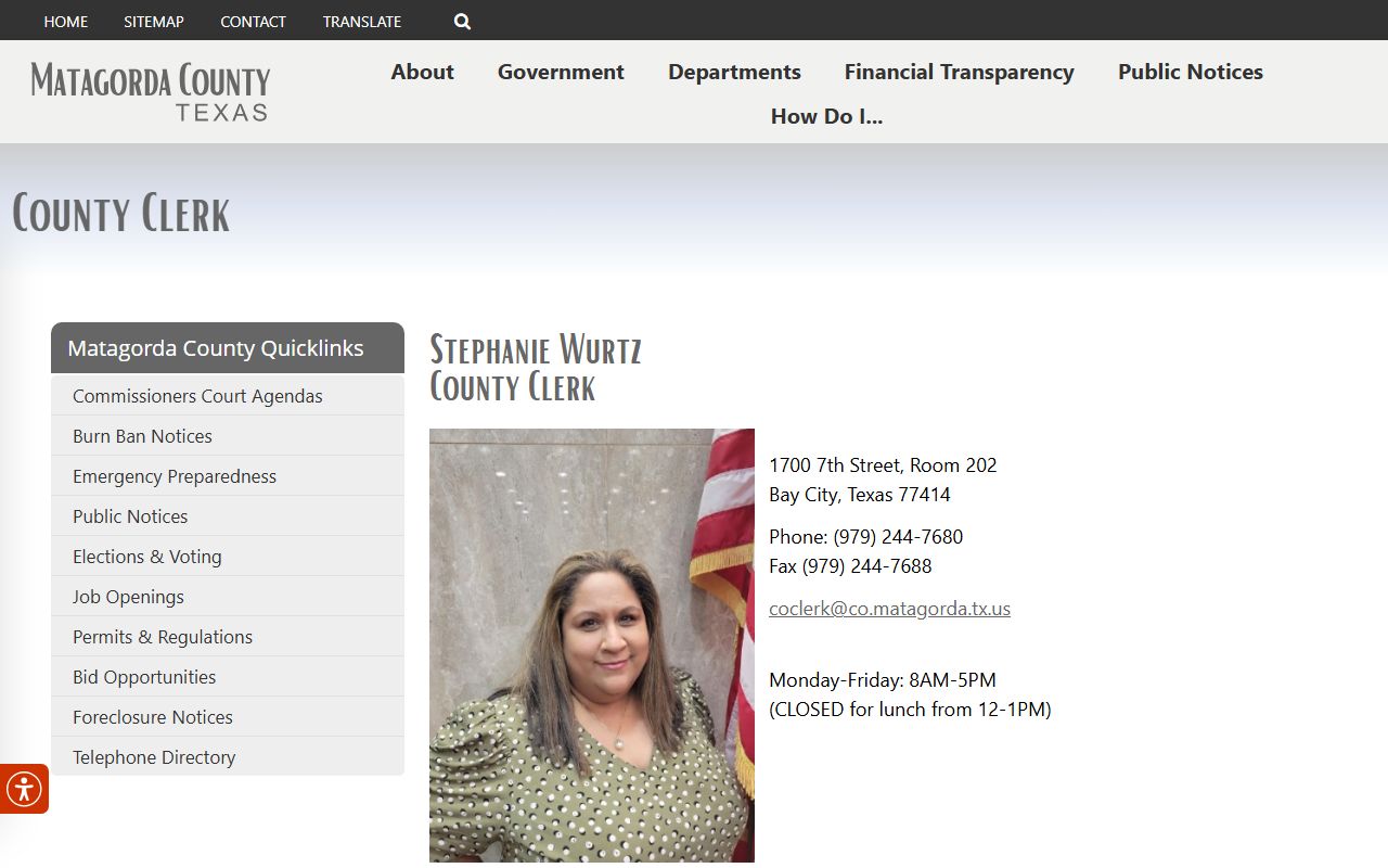 Matagorda County Clerk office responsible for misdemeanor court records