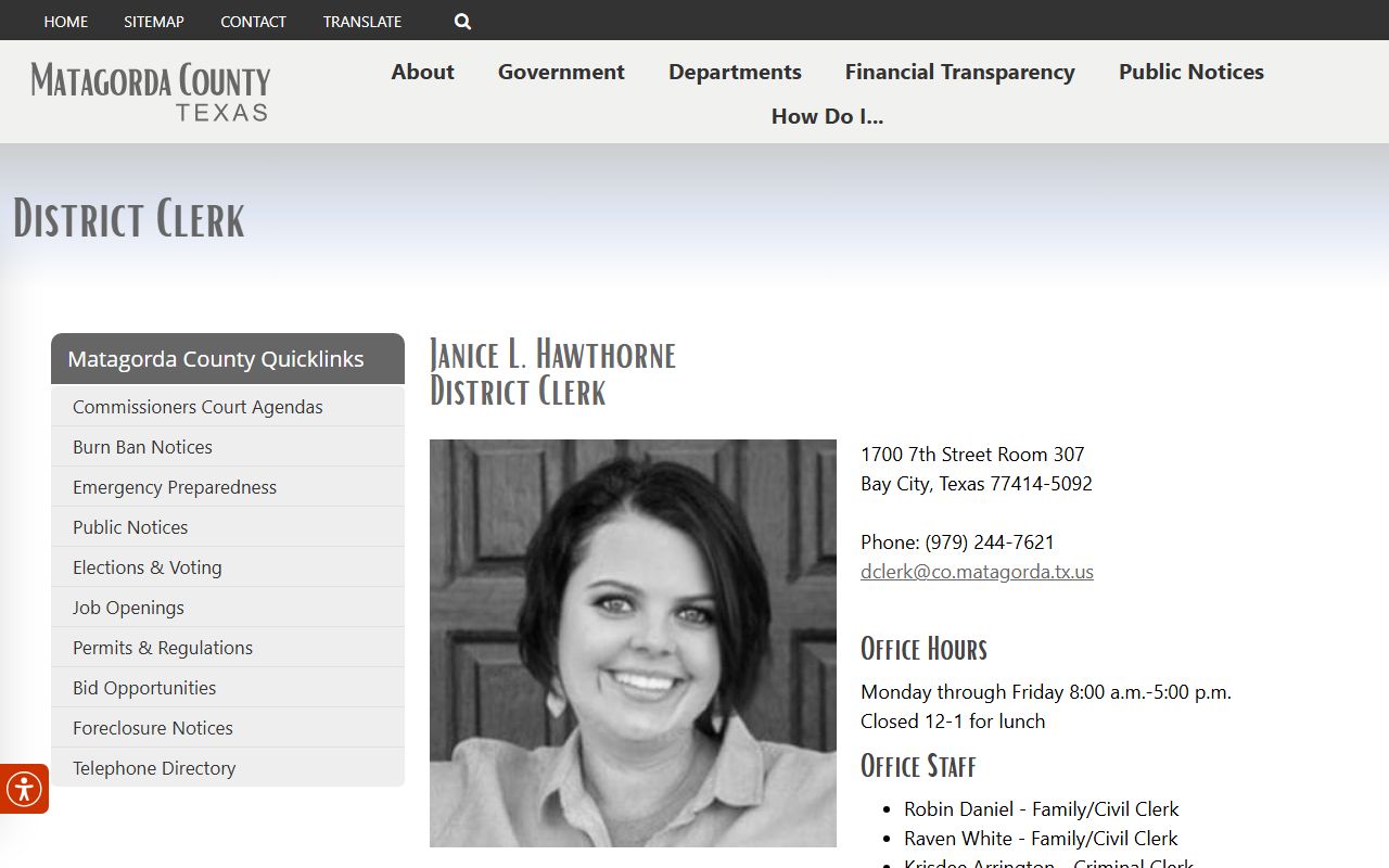 Matagorda County District Clerk office in Bay City Texas