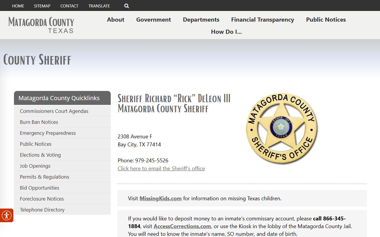 Matagorda County Sheriff's Office Bay City Texas arrest records