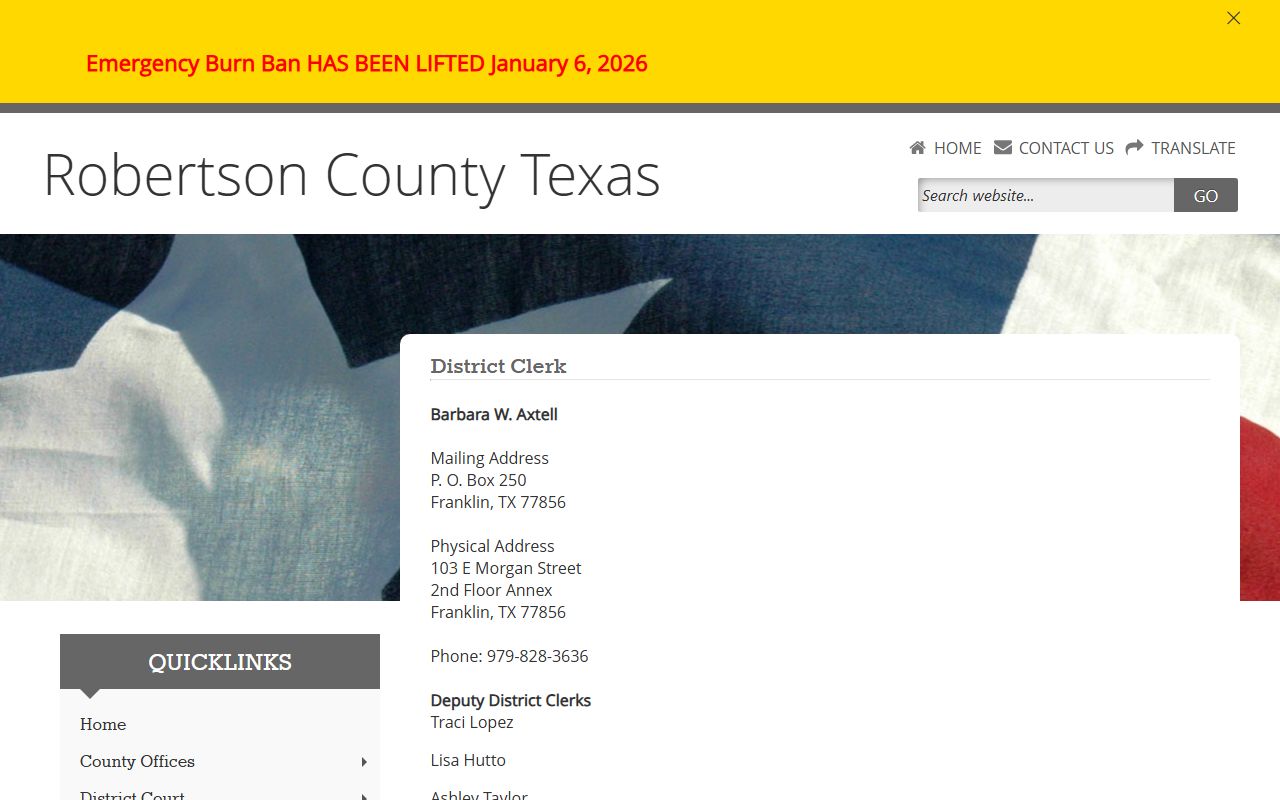 Robertson County District Clerk office page for criminal court records
