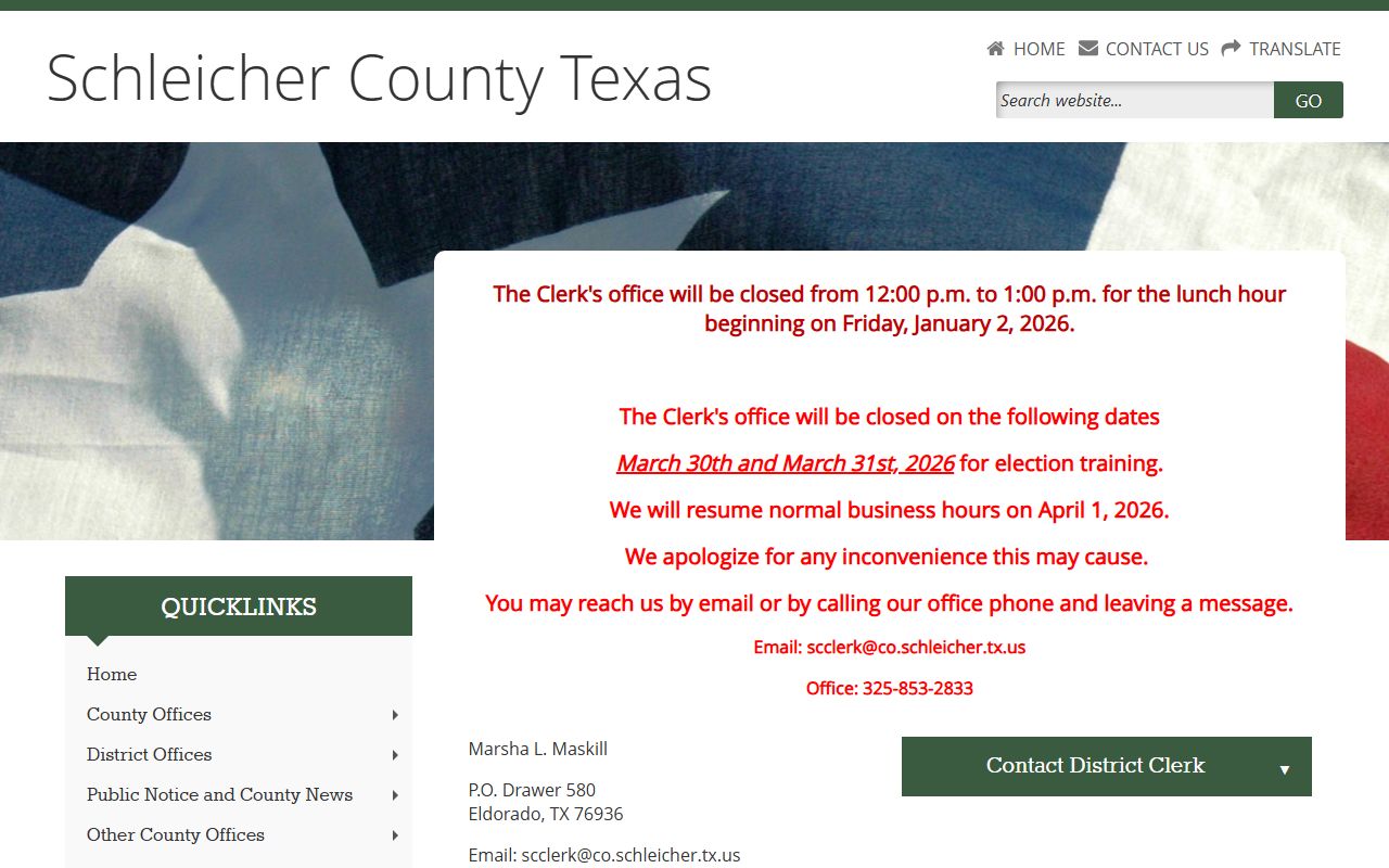 Schleicher County District Clerk office page for criminal court records