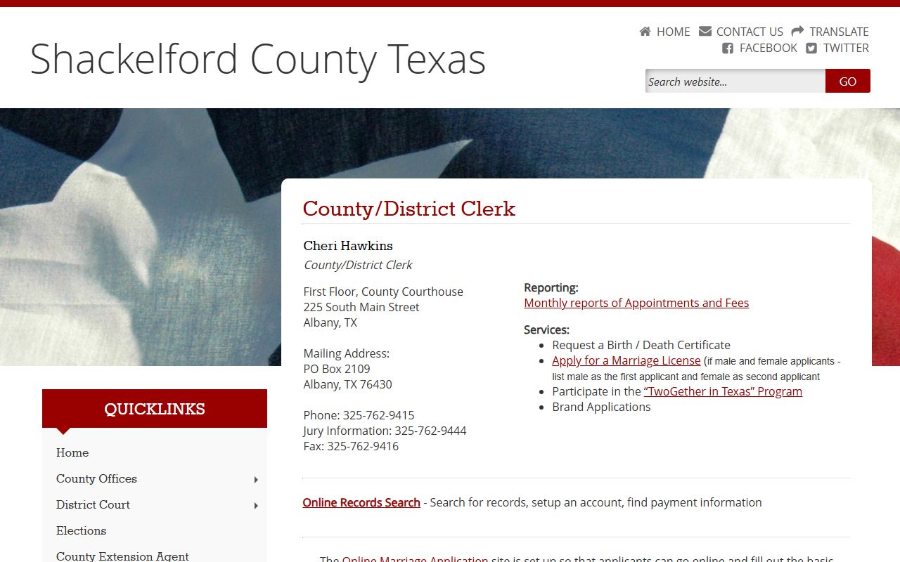 Shackelford County Clerk page for misdemeanor records