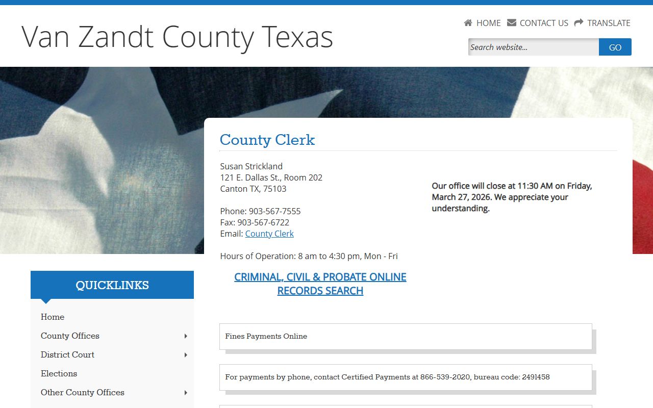 Van Zandt County Clerk office Canton Texas misdemeanor criminal records